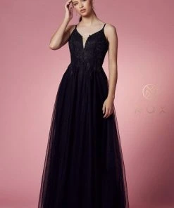 Nox Anabel - R357 Plunging Embroidered Lace Bodice Gown