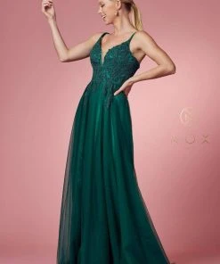 Nox Anabel - R357 Plunging Embroidered Lace Bodice Gown