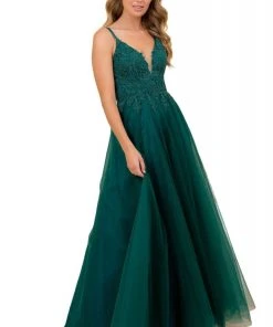 Nox Anabel - R357 Plunging Embroidered Lace Bodice Gown