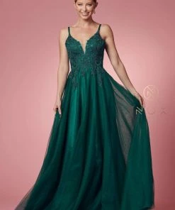 Nox Anabel - R357 Plunging Embroidered Lace Bodice Gown