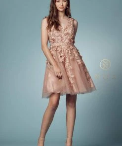 Nox Anabel R708 - Floral Appliqued V-neck Cocktail Dress