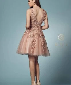 Nox Anabel R708 - Floral Appliqued V-neck Cocktail Dress