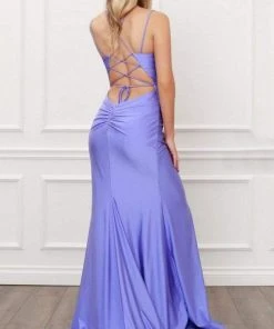 Nox Anabel - T481 Spaghetti Strap Scoop Neck High Slit Chiffon Gown