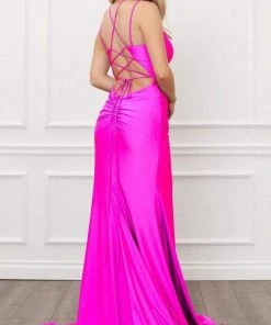 Nox Anabel - T481 Spaghetti Strap Scoop Neck High Slit Chiffon Gown