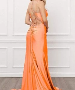 Nox Anabel - T481 Spaghetti Strap Scoop Neck High Slit Chiffon Gown