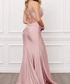 Nox Anabel - T481 Spaghetti Strap Scoop Neck High Slit Chiffon Gown