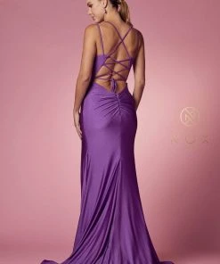 Nox Anabel - T481 Spaghetti Strap Scoop Neck High Slit Chiffon Gown