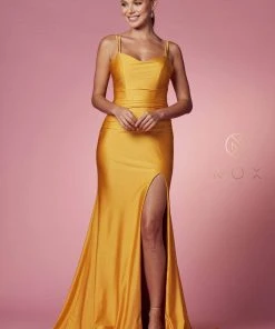 Nox Anabel - T481 Spaghetti Strap Scoop Neck High Slit Chiffon Gown