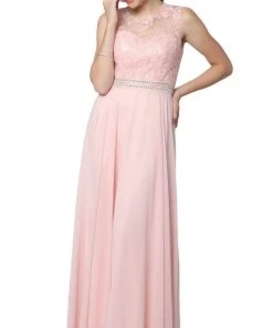 Nox Anabel - Y101P Embroidered Jewel Neck Chiffon A-line Dress