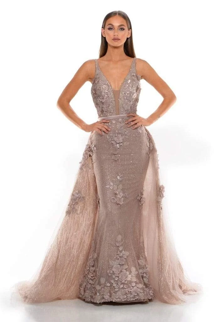 Portia And Scarlett - PS1965S V Neck Floral Appliqued Overskirt Gown 8 Portia And Scarlett - PS1965S V Neck Floral Appliqued Overskirt Gown