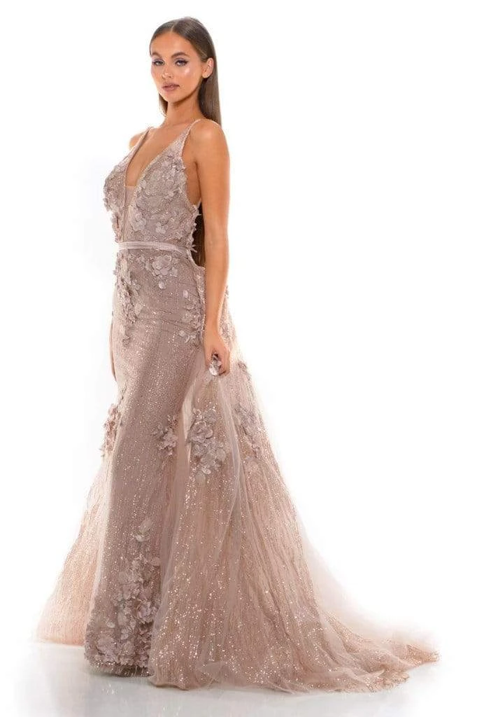 Portia And Scarlett - PS1965S V Neck Floral Appliqued Overskirt Gown 9 Portia And Scarlett - PS1965S V Neck Floral Appliqued Overskirt Gown