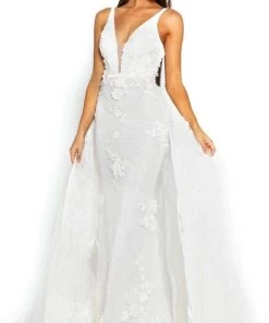 Portia And Scarlett - PS1965S V Neck Floral Appliqued Overskirt Gown 14 Portia And Scarlett - PS1965S V Neck Floral Appliqued Overskirt Gown