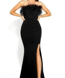 Portia And Scarlett PS2026 - Feather Trimmed Prom Dress With Slit