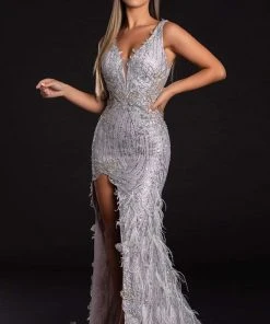 Portia And Scarlett - PS21228 Sequined Plunging V Neck Fringe Dress