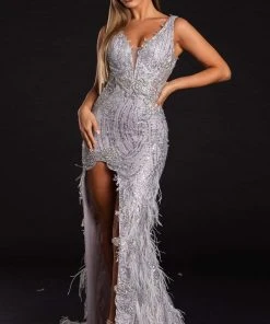 Portia And Scarlett - PS21228 Sequined Plunging V Neck Fringe Dress