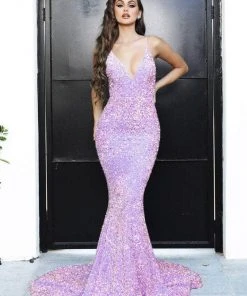 Portia And Scarlett - PS21235 V Neck Open Back Bedazzled Dress