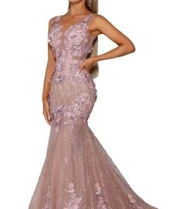 Portia And Scarlett - PS6002 Floral V-Neck Trumpet Prom Gown