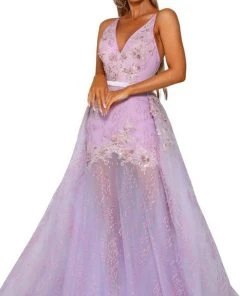 Portia And Scarlett - PS6016S Embroidered V-Neck Dress With Overskirt