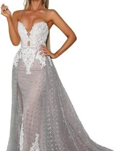 Portia And Scarlett - PS6022 Lace-Up Open Back Glitter Overskirt Gown