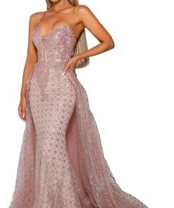 Portia And Scarlett - PS6022 Lace-Up Open Back Glitter Overskirt Gown