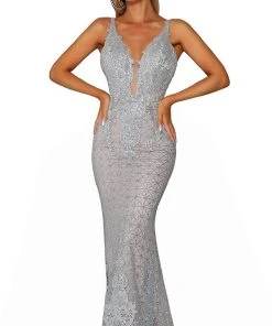 Portia And Scarlett - PS6027 Illusion Plunging Neck Glitter Mesh Gown 5 Portia And Scarlett - PS6027 Illusion Plunging Neck Glitter Mesh Gown