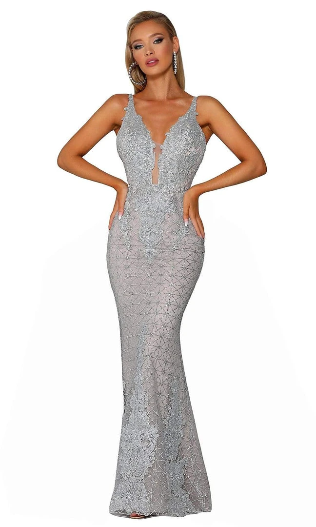 Portia And Scarlett - PS6027 Illusion Plunging Neck Glitter Mesh Gown 4 Portia And Scarlett - PS6027 Illusion Plunging Neck Glitter Mesh Gown