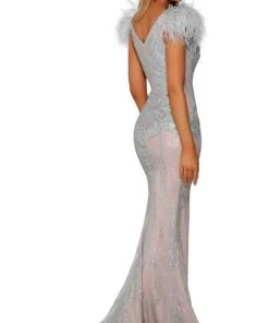 Portia And Scarlett - PS6072 V Neck Glitter Lace Feather Accent Gown 18 Portia And Scarlett - PS6072 V Neck Glitter Lace Feather Accent Gown