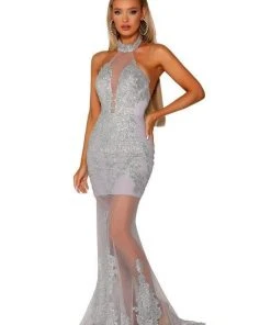 Portia And Scarlett - PS6084 Illusion Halter Appliqued Mermaid Gown