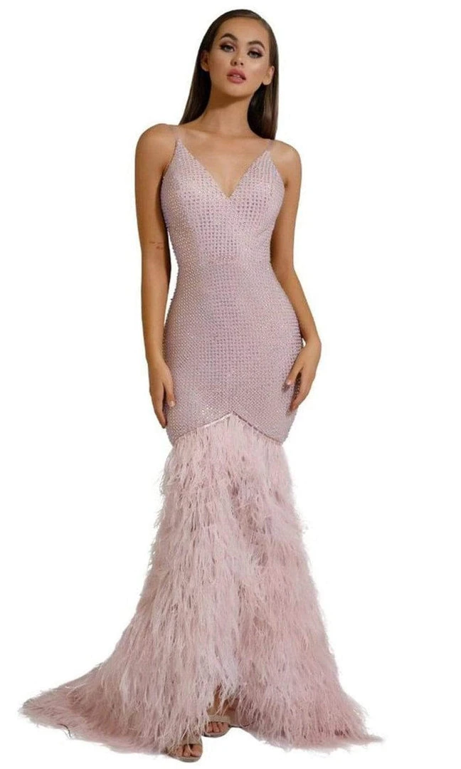 Portia And Scarlett - PS6826 V Neck Feathered Dress 13 Portia And Scarlett - PS6826 V Neck Feathered Dress