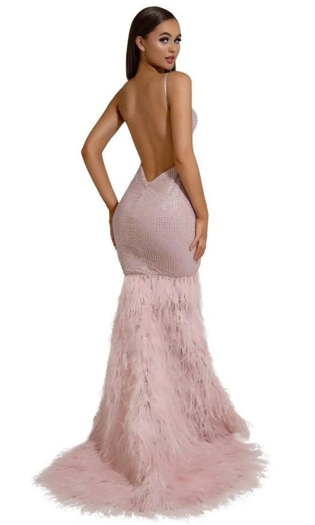 Portia And Scarlett - PS6826 V Neck Feathered Dress 4 Portia And Scarlett - PS6826 V Neck Feathered Dress