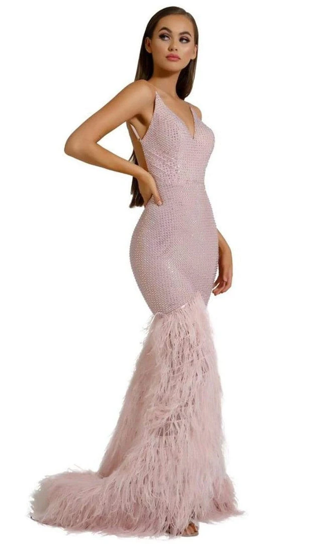 Portia And Scarlett - PS6826 V Neck Feathered Dress 5 Portia And Scarlett - PS6826 V Neck Feathered Dress