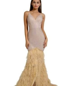 Portia And Scarlett - PS6826 V Neck Feathered Dress 20 Portia And Scarlett - PS6826 V Neck Feathered Dress