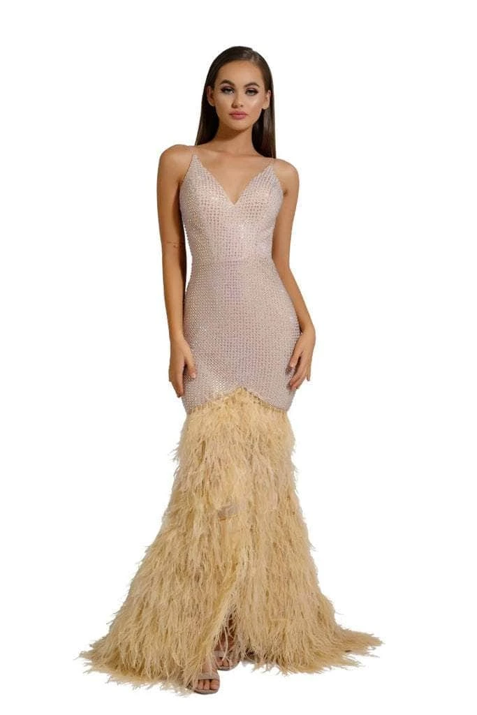 Portia And Scarlett - PS6826 V Neck Feathered Dress 10 Portia And Scarlett - PS6826 V Neck Feathered Dress