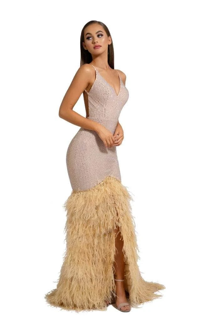 Portia And Scarlett - PS6826 V Neck Feathered Dress 12 Portia And Scarlett - PS6826 V Neck Feathered Dress