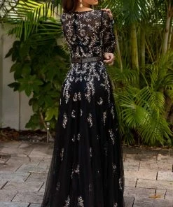 Primavera Couture - 11053 Bateau Neckline Long Sleeve Fully Embellished Dress