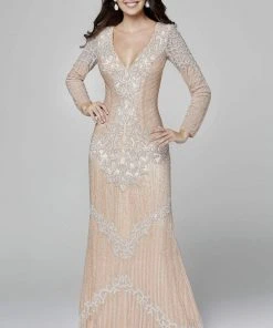 Primavera Couture - 3365 Embellished Long Sleeve V-neck Sheath Dress