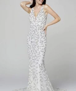 Primavera Couture - 3384 V-Neckline Embellished Sheath Dress