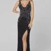 Primavera Couture - 3466 V-Neck Sequin High-Slit Sheath Dress