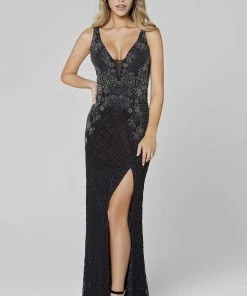 Primavera Couture - 3466 V-Neck Sequin High-Slit Sheath Dress