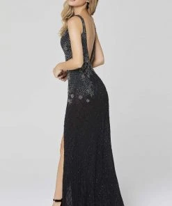 Primavera Couture - 3466 V-Neck Sequin High-Slit Sheath Dress