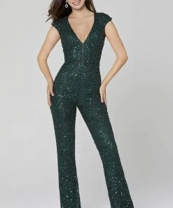 Primavera Couture - 3468 Sequined Plunging V-neck Jumpsuit