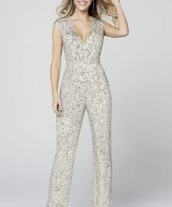 Primavera Couture - 3468 Sequined Plunging V-neck Jumpsuit