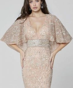 Primavera Couture - 3484 Embellished Bell Sleeve V-neck Sheath Dress