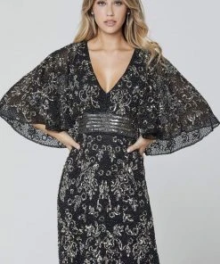 Primavera Couture - 3484 Embellished Bell Sleeve V-neck Sheath Dress