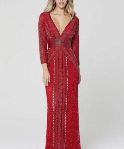 Primavera Couture - 3494 Long Sleeve Beaded Long Dress
