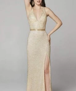 Primavera Couture - 3635 Beaded Deep V Neck Dress With Slit And Train