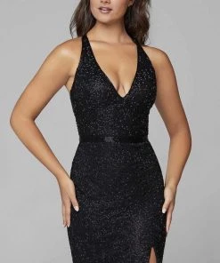 Primavera Couture - 3635 Beaded Deep V Neck Dress With Slit And Train