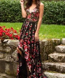 Primavera Couture - 3639 Floral Sequin A-Line High Low Dress