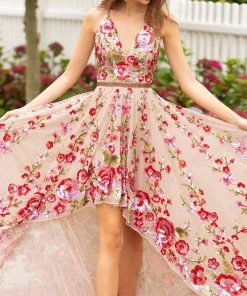 Primavera Couture - 3639 Floral Sequin A-Line High Low Dress