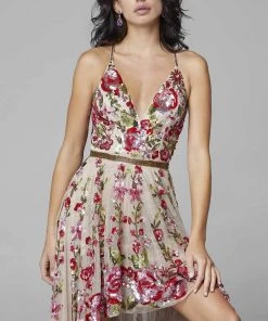 Primavera Couture - 3639 Floral Sequin A-Line High Low Dress